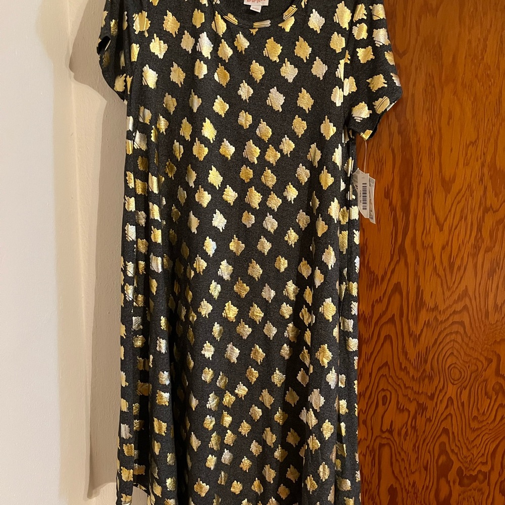 LuLaRoe Medium Carly Dress Gray and Gold